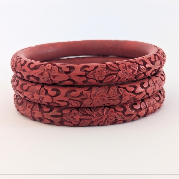 Vintage/Estate Red Carved Chinese Cinnabar Bangle Bracelets; Set of 3 - Picture 5 of 13